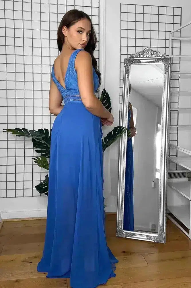 Sheer Lace Details And Frills Sleeveless Occasion Maxi Dress-SinglePrice