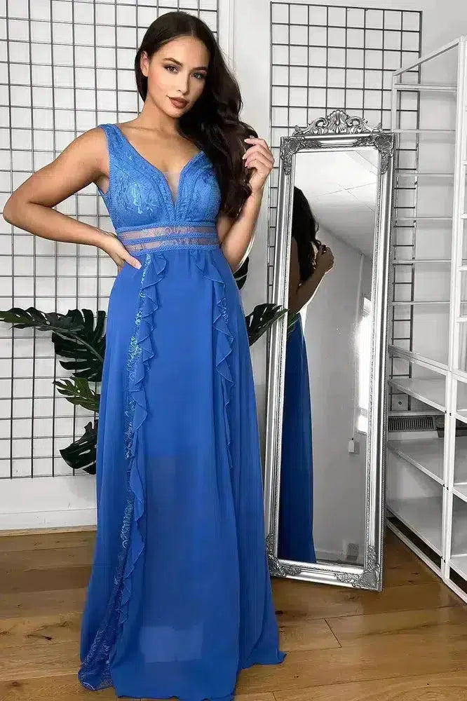 Sheer Lace Details And Frills Sleeveless Occasion Maxi Dress-SinglePrice