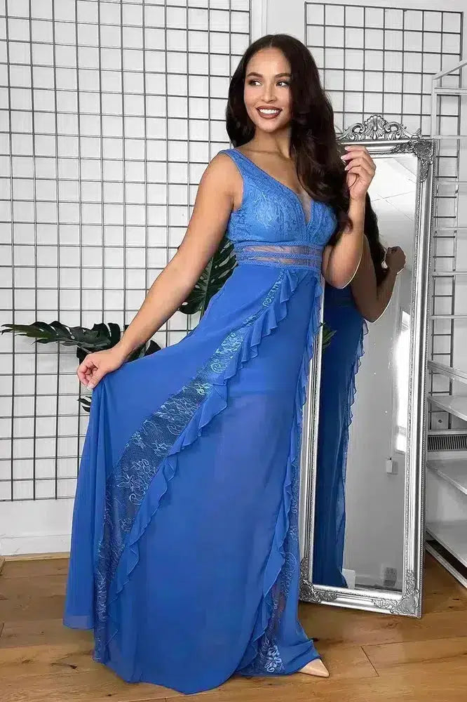 Sheer Lace Details And Frills Sleeveless Occasion Maxi Dress-SinglePrice