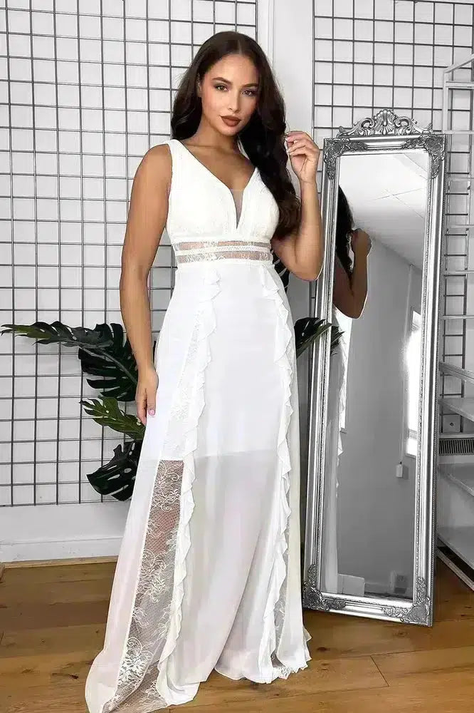 Sheer Lace Details And Frills Sleeveless Occasion Maxi Dress-SinglePrice