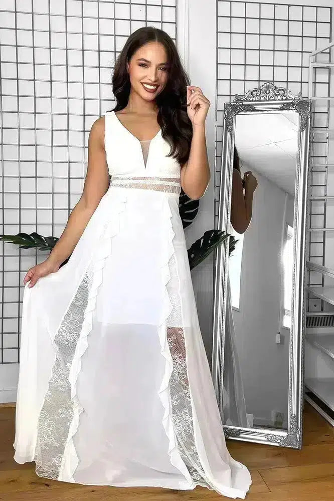 Sheer Lace Details And Frills Sleeveless Occasion Maxi Dress-SinglePrice