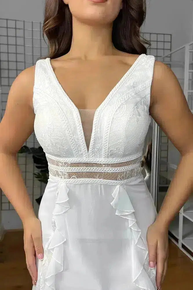 Sheer Lace Details And Frills Sleeveless Occasion Maxi Dress-SinglePrice