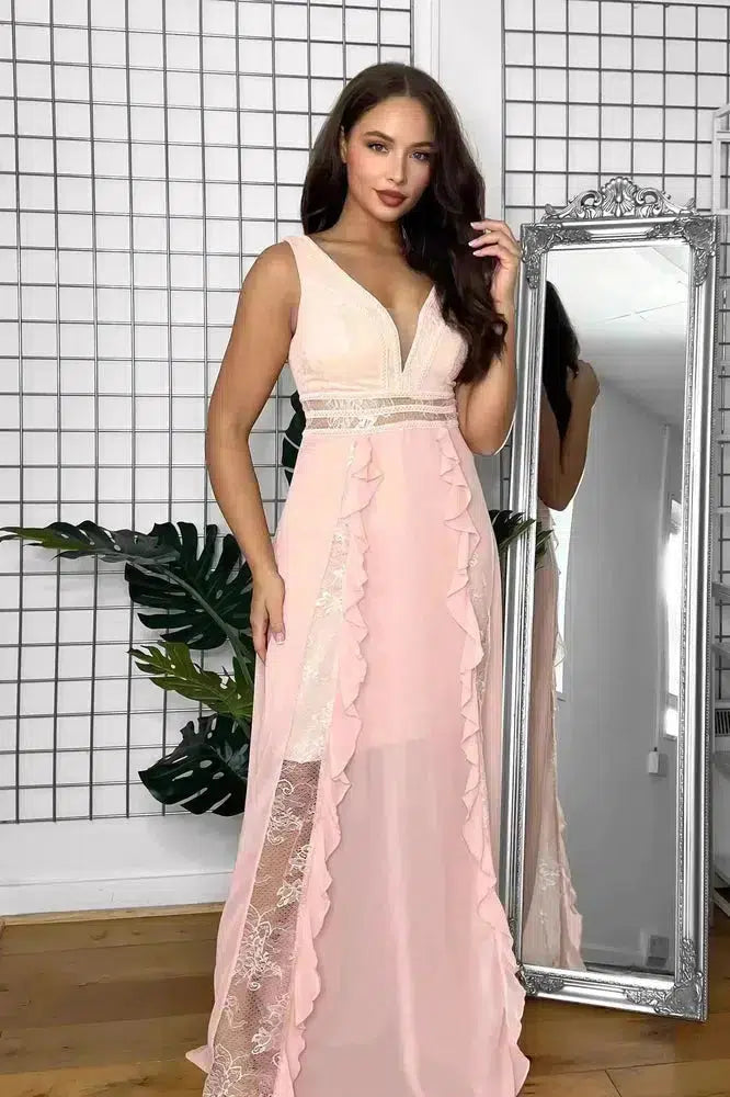 Sheer Lace Details And Frills Sleeveless Occasion Maxi Dress-SinglePrice