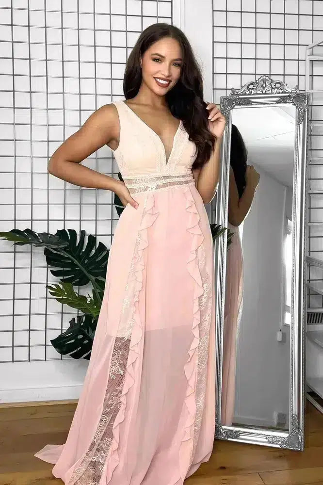 Sheer Lace Details And Frills Sleeveless Occasion Maxi Dress-SinglePrice