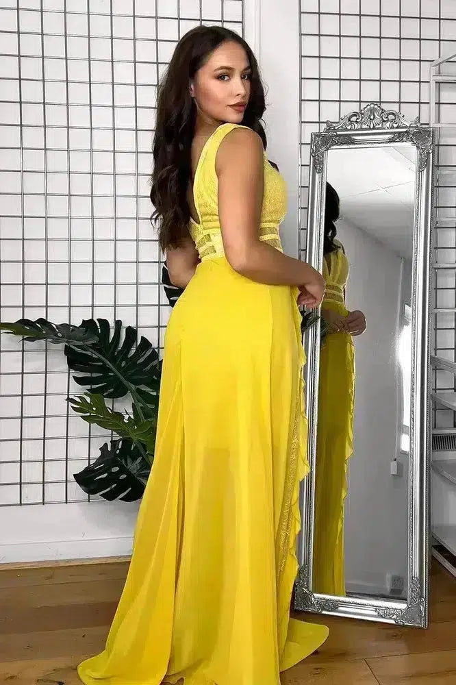 Sheer Lace Details And Frills Sleeveless Occasion Maxi Dress-SinglePrice