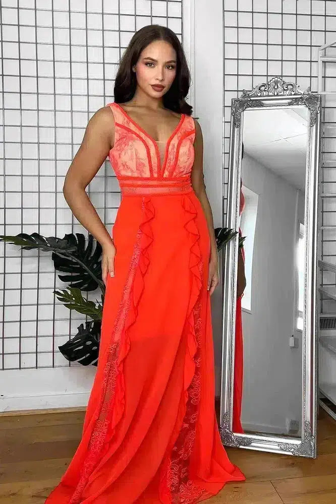 Sheer Lace Details And Frills Sleeveless Occasion Maxi Dress-SinglePrice