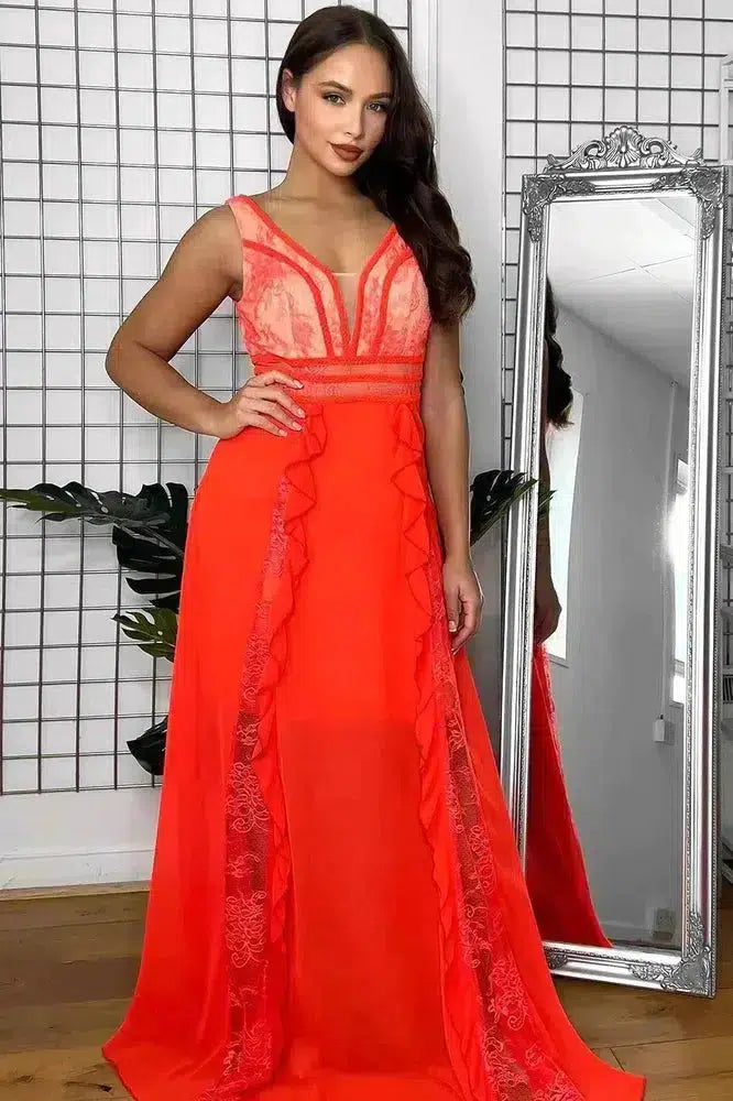 Sheer Lace Details And Frills Sleeveless Occasion Maxi Dress-SinglePrice
