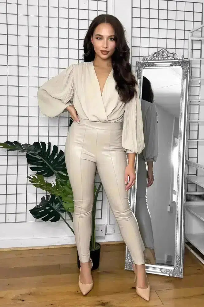 Nude High Waist Panneled Faux Leather Trousers-SinglePrice