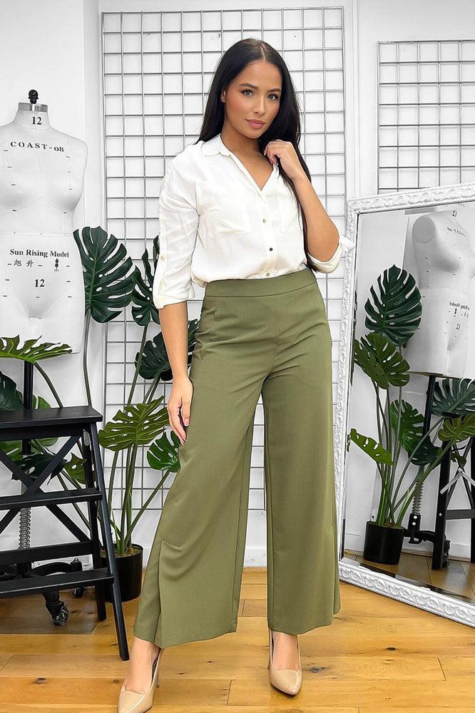 Khaki Side Slit High Waist Culottes Trousers-SinglePrice