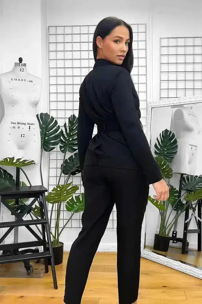 Black Butonned Front Self Tie Belt Blazer-SinglePrice