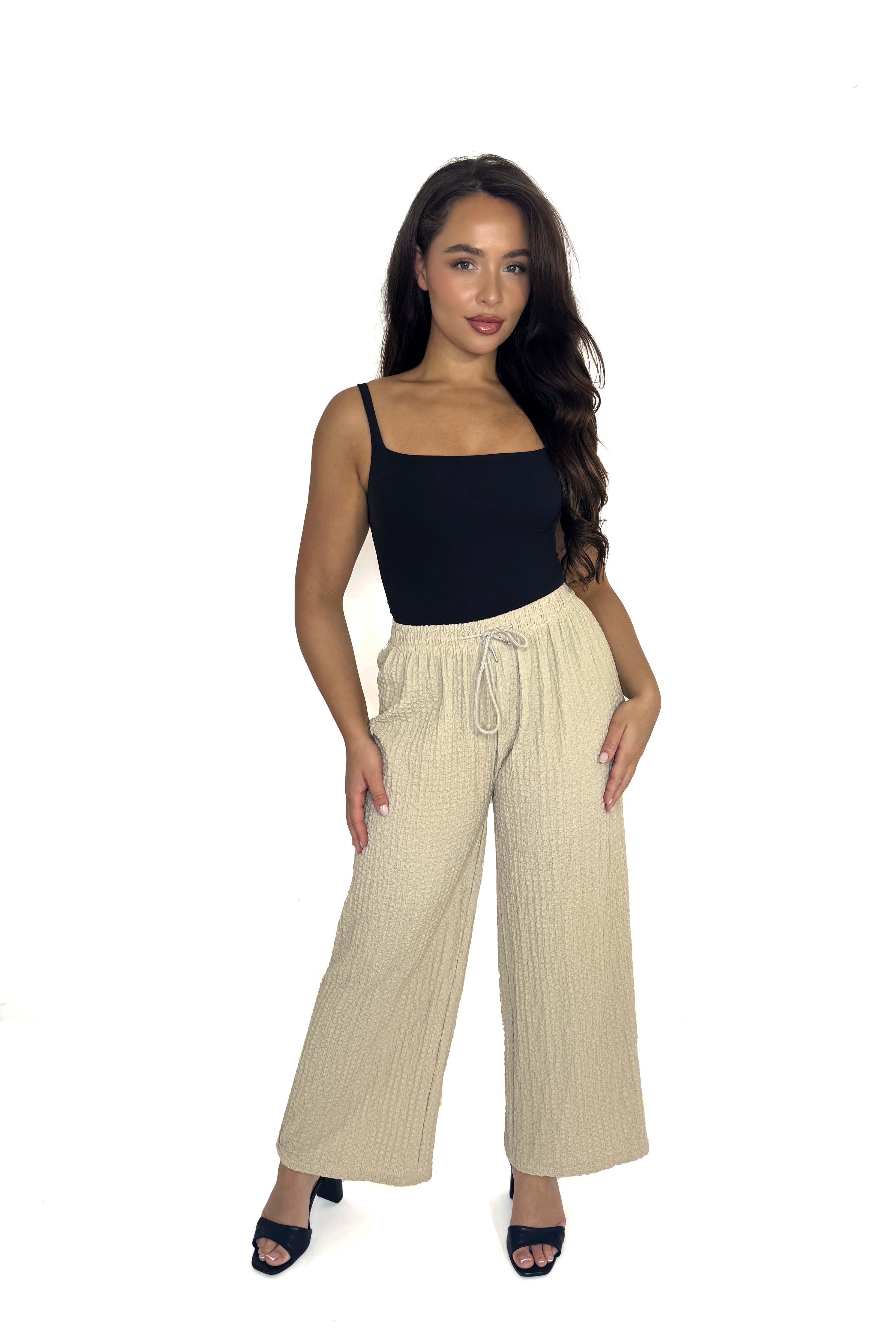 Textured Stretchy Wide Leg Trousers
