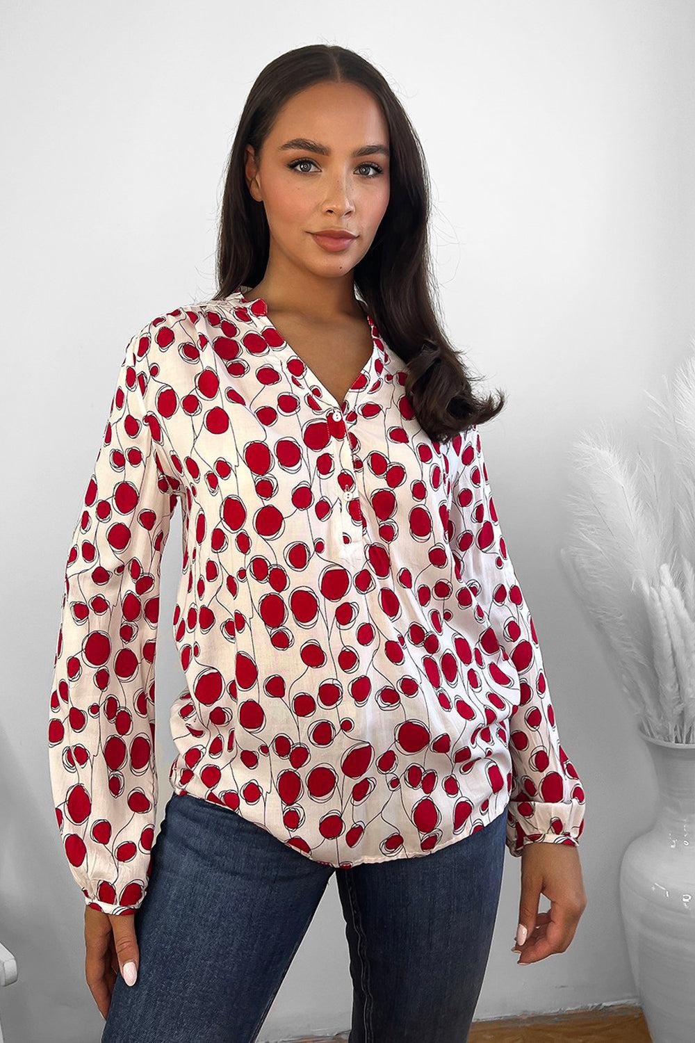 White In Abstract Red Dots Blouse-SinglePrice
