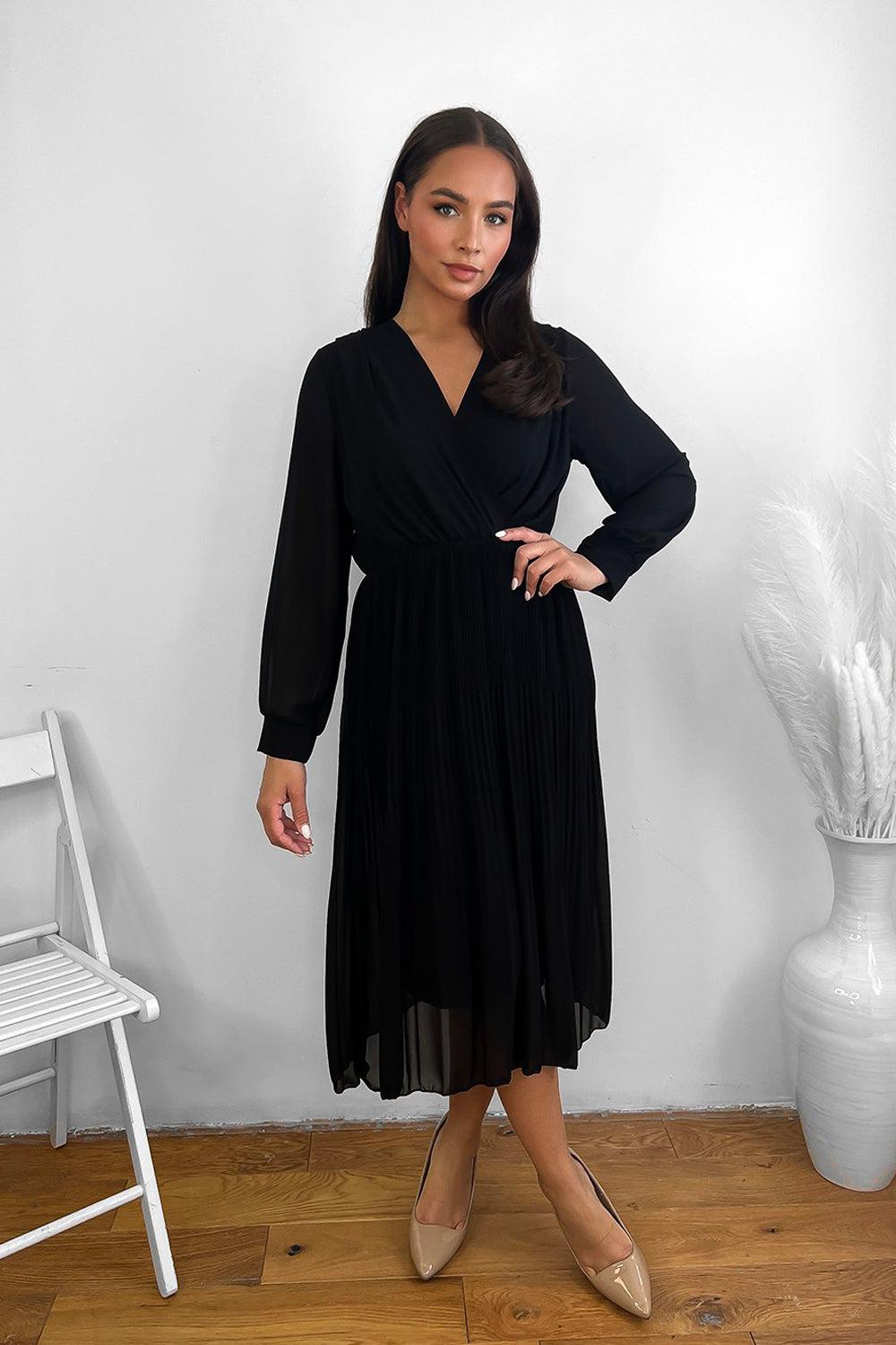 Black Pleated Chiffon Fixed Wrap Midi Dress-SinglePrice