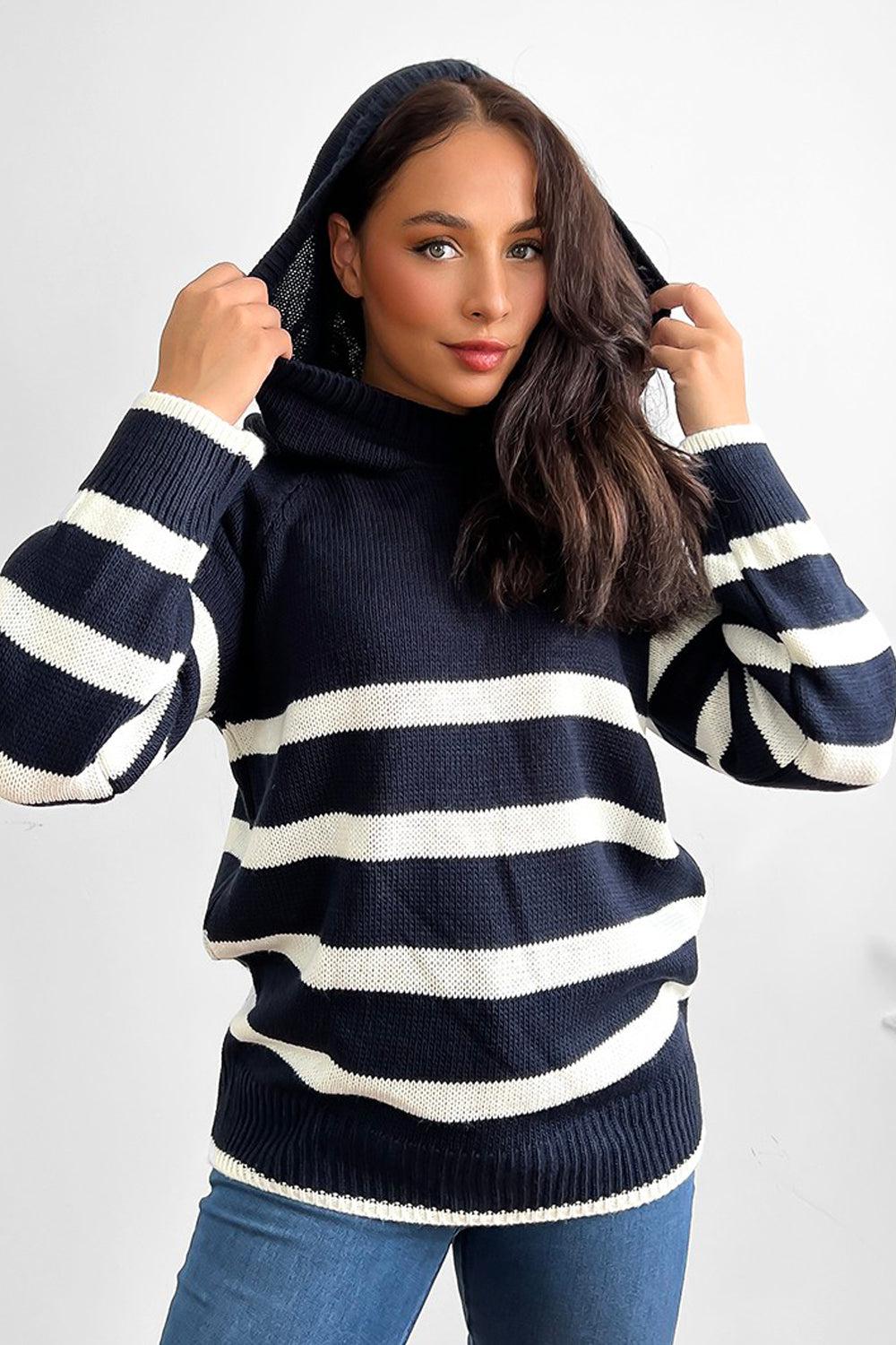 Stripy Knit High Neck Hoodie Jumper-SinglePrice