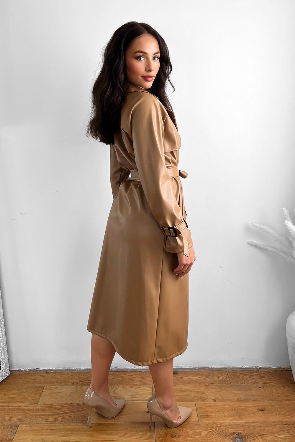 Vegan Leather Double Breasted Trench Coat-SinglePrice