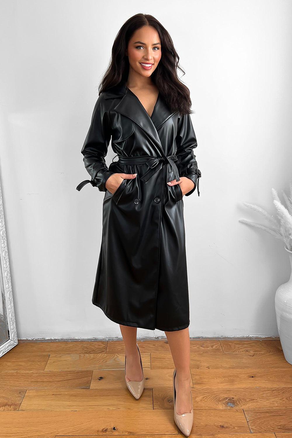 Vegan Leather Double Breasted Trench Coat-SinglePrice