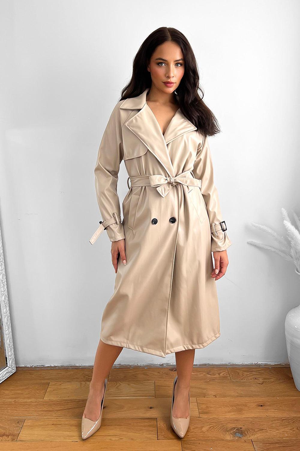 Vegan Leather Double Breasted Trench Coat-SinglePrice