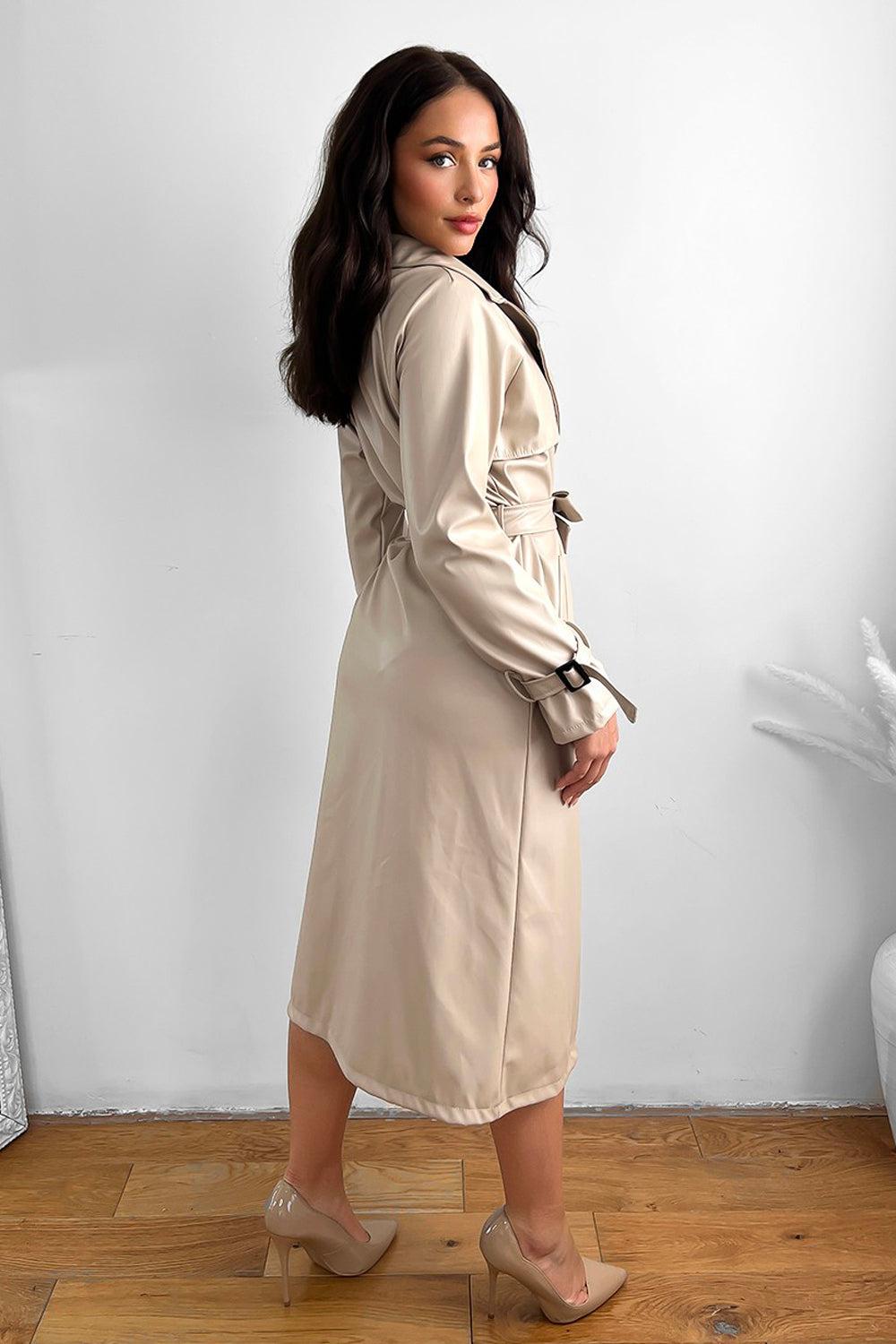 Vegan Leather Double Breasted Trench Coat-SinglePrice