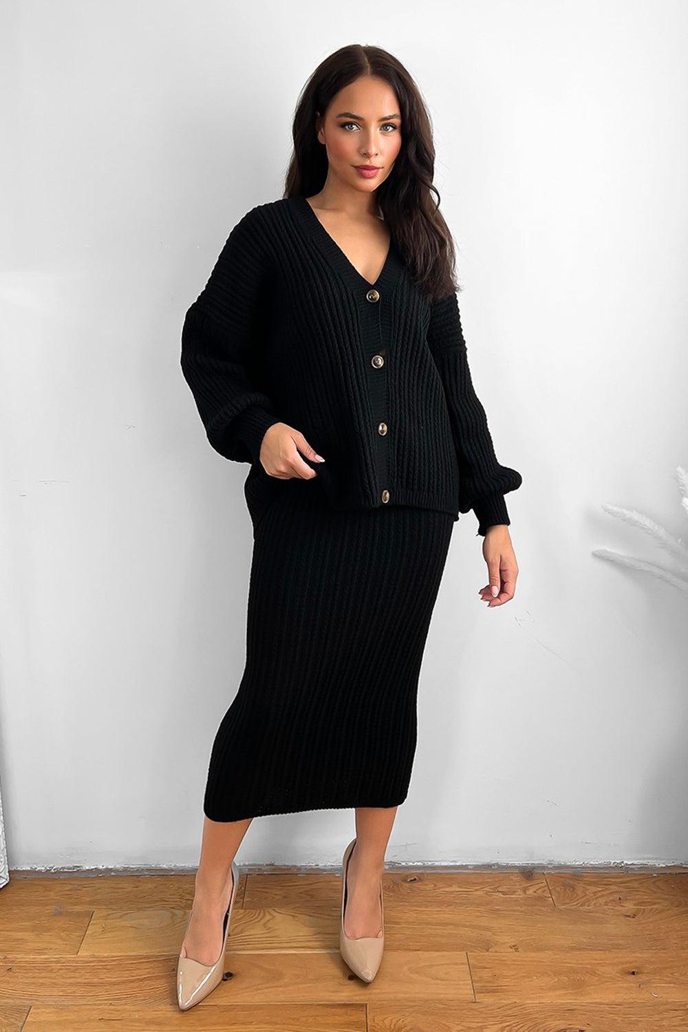 Knitted Midi Skirt And Slouch Cardigan Set-SinglePrice