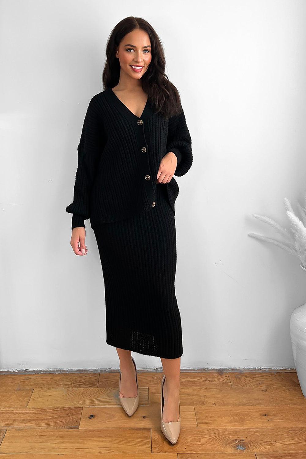 Knitted Midi Skirt And Slouch Cardigan Set-SinglePrice