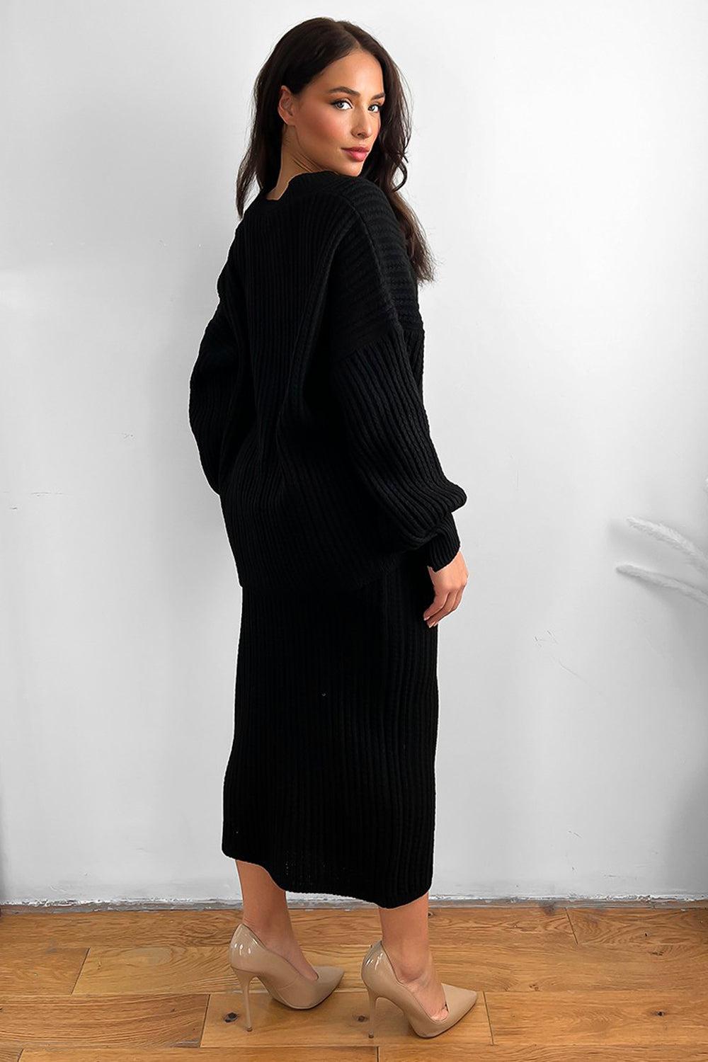 Knitted Midi Skirt And Slouch Cardigan Set-SinglePrice