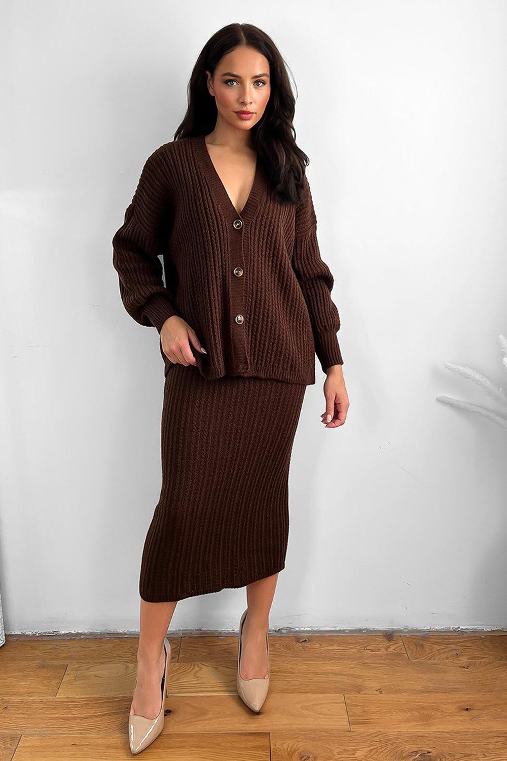 Knitted Midi Skirt And Slouch Cardigan Set-SinglePrice