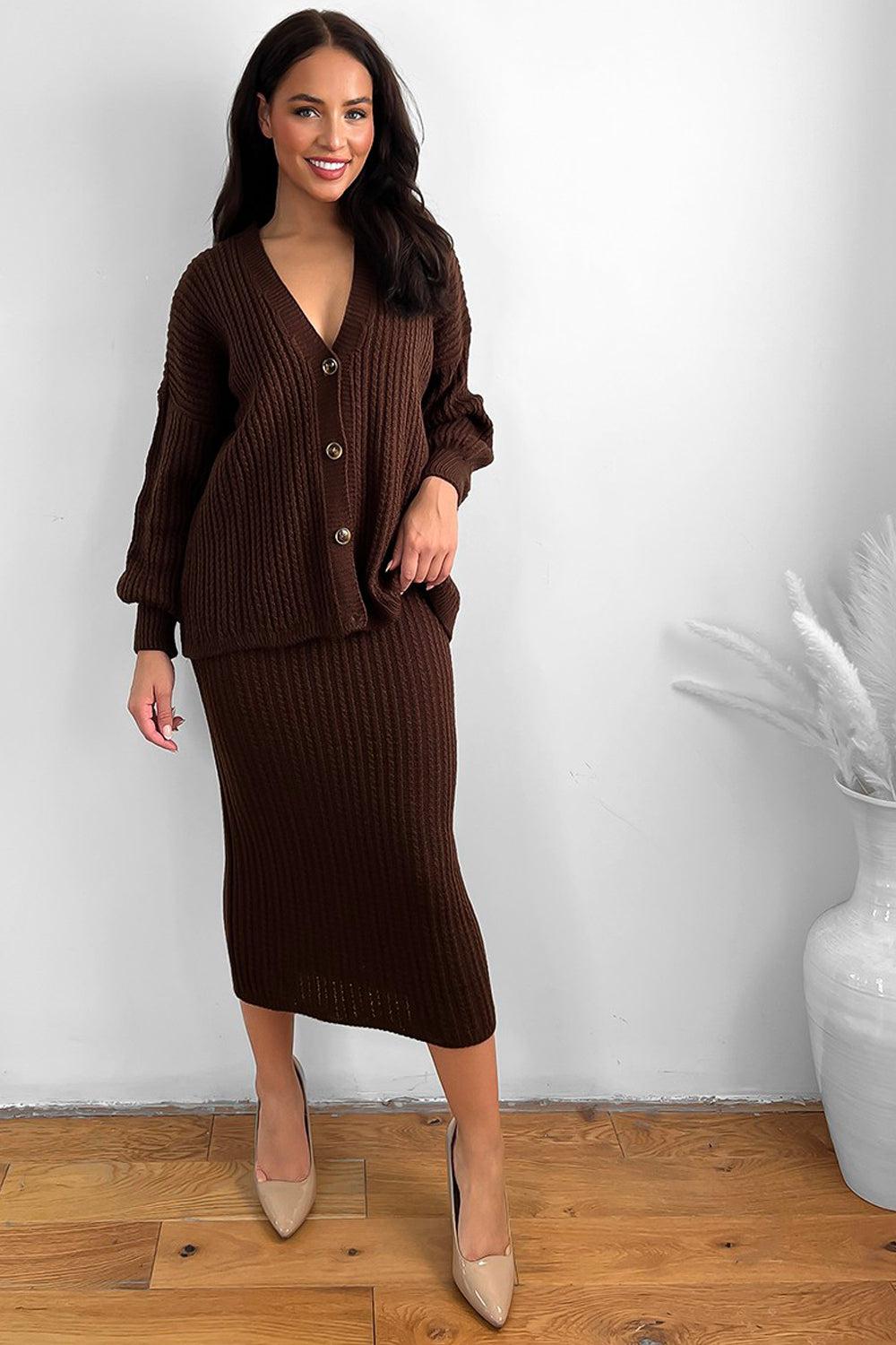 Knitted Midi Skirt And Slouch Cardigan Set-SinglePrice