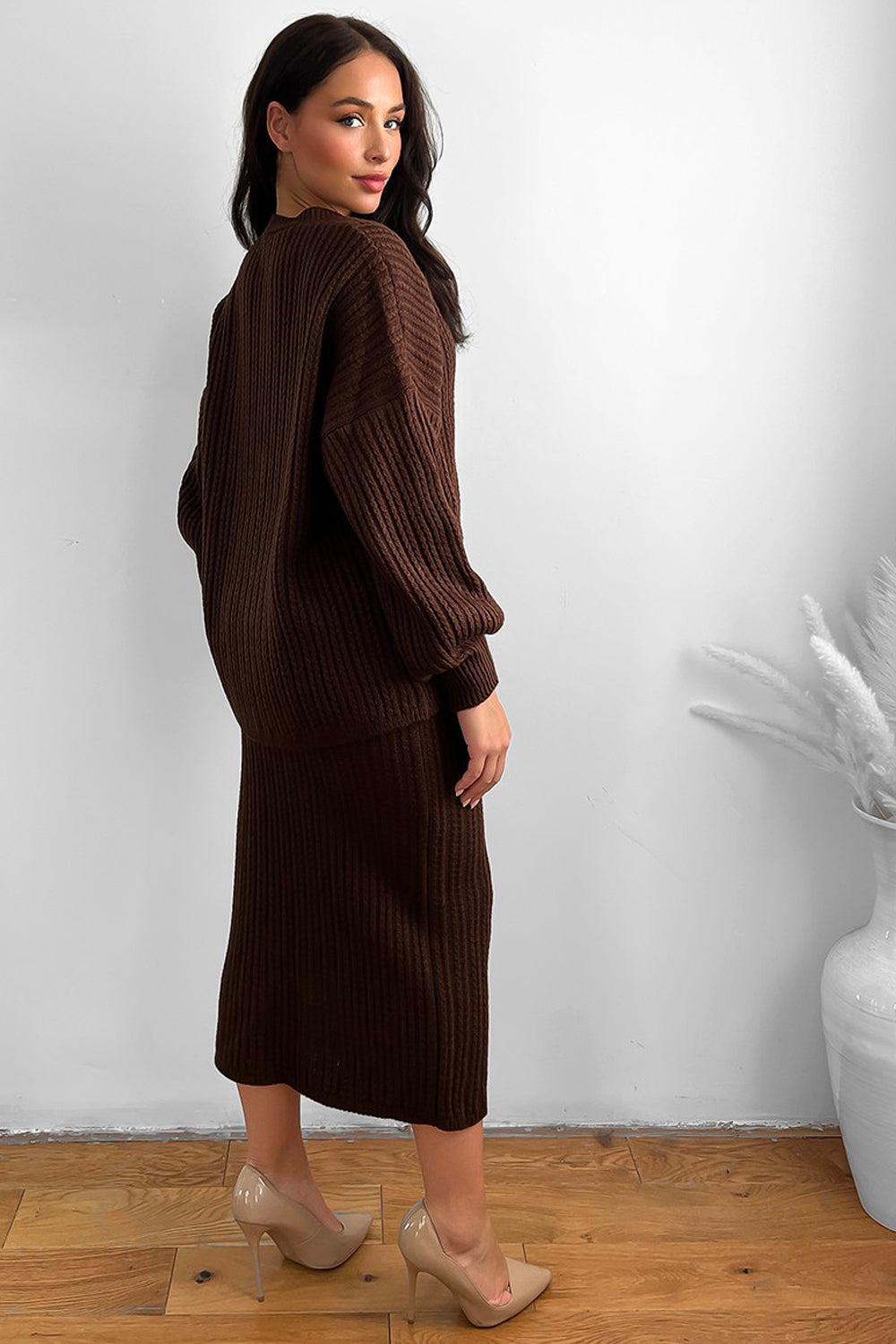 Knitted Midi Skirt And Slouch Cardigan Set-SinglePrice