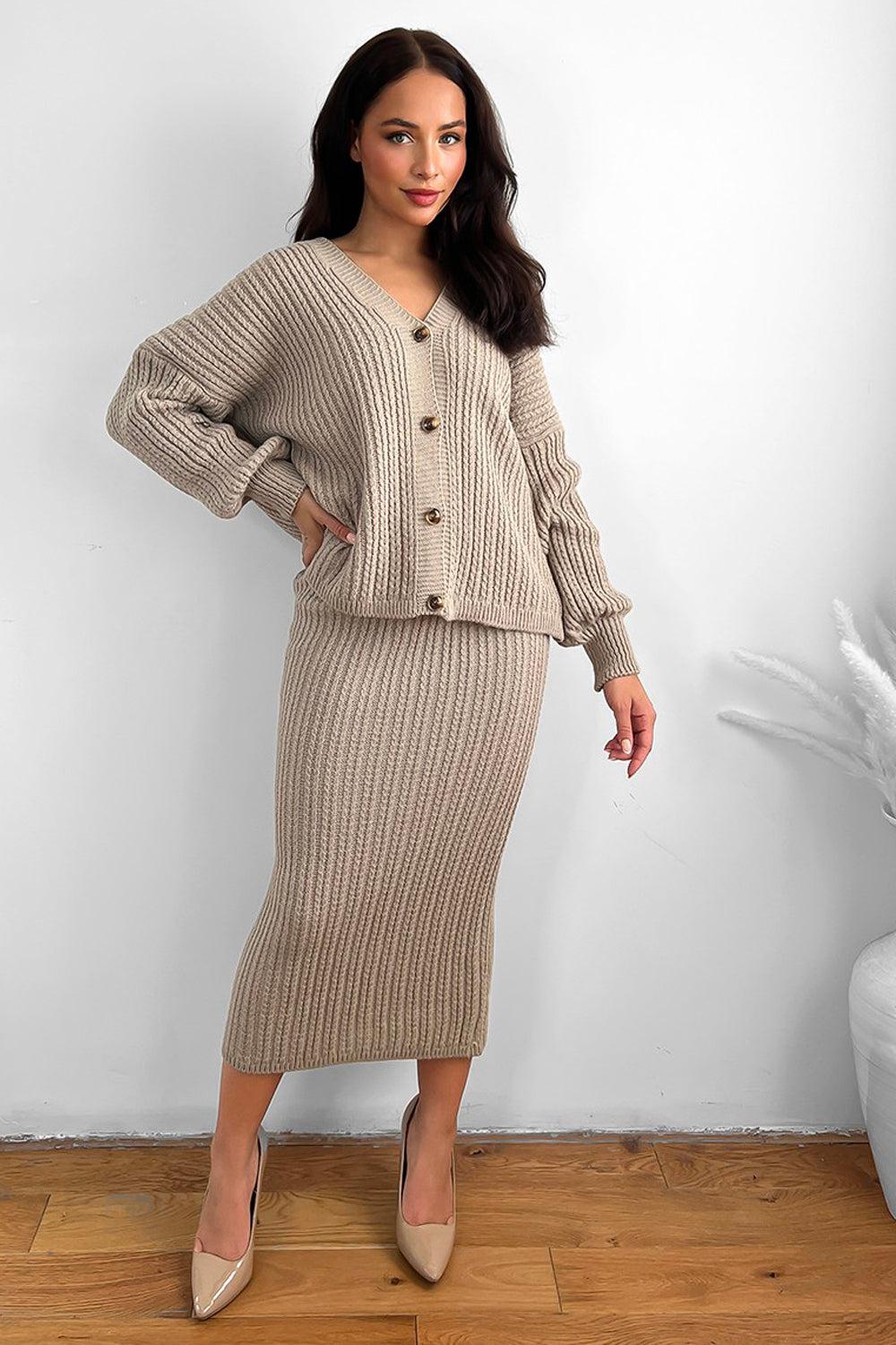 Knitted Midi Skirt And Slouch Cardigan Set-SinglePrice