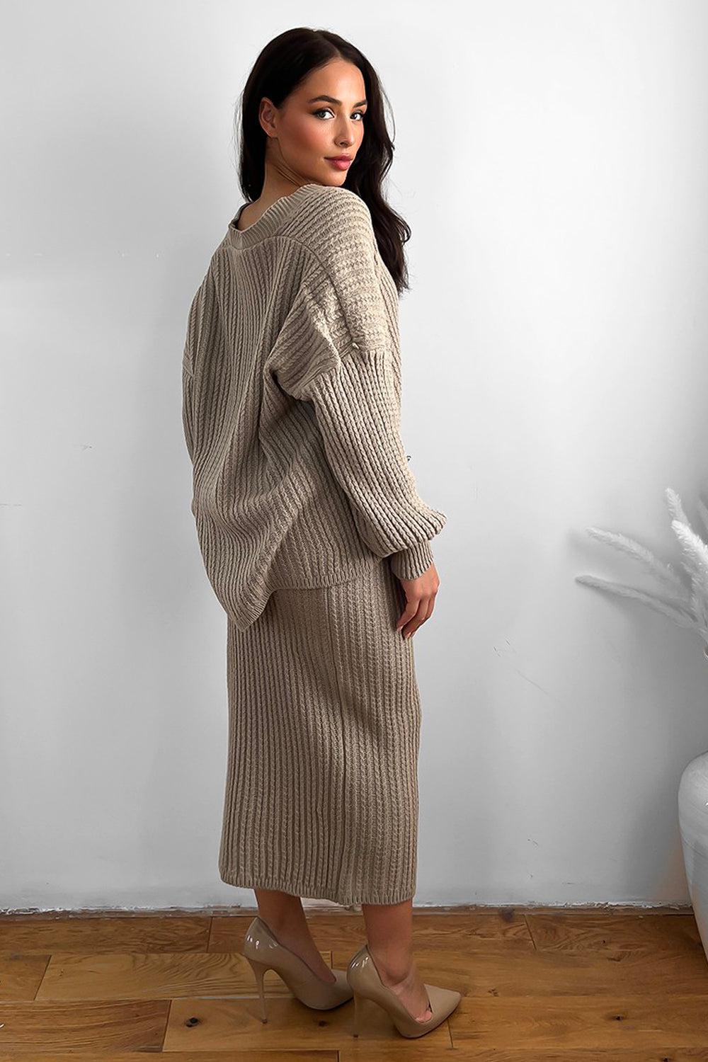 Knitted Midi Skirt And Slouch Cardigan Set-SinglePrice