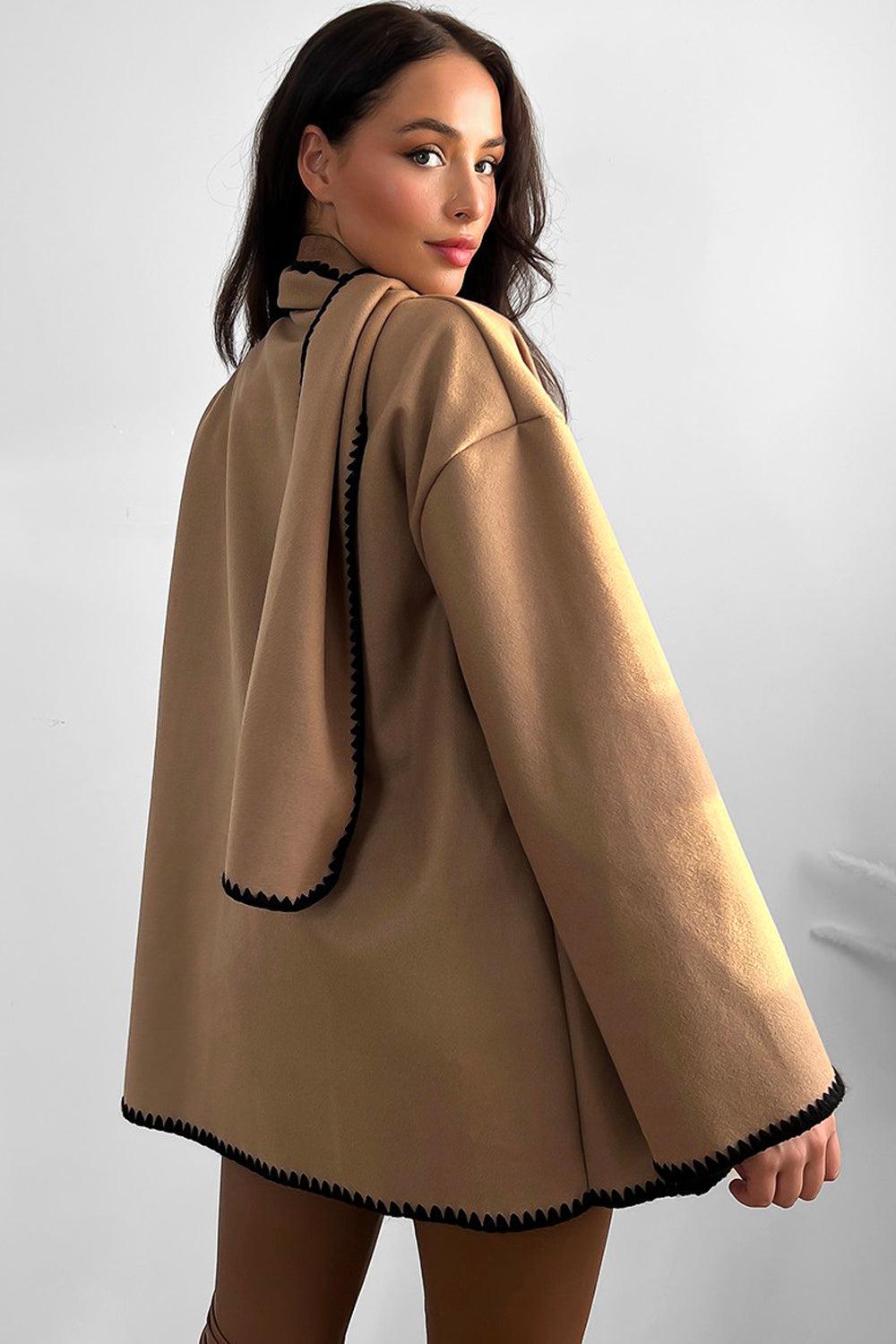 Contrast Stitch Felt Cardigan Coat With Scarf-SinglePrice