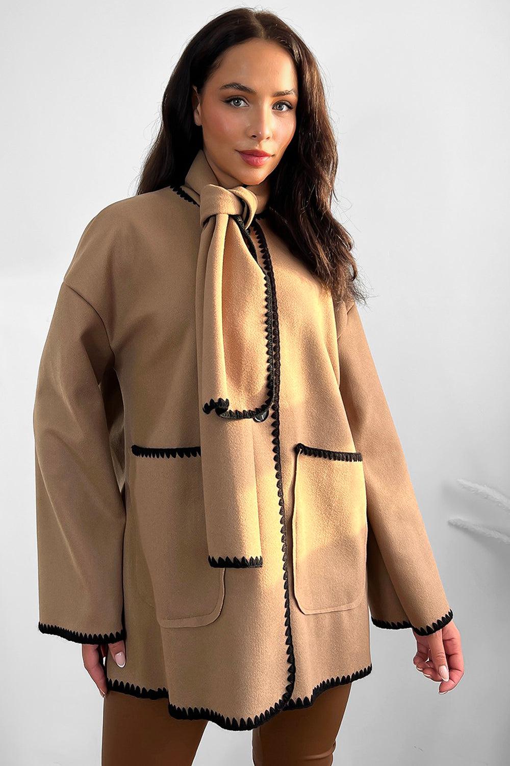 Contrast Stitch Felt Cardigan Coat With Scarf-SinglePrice