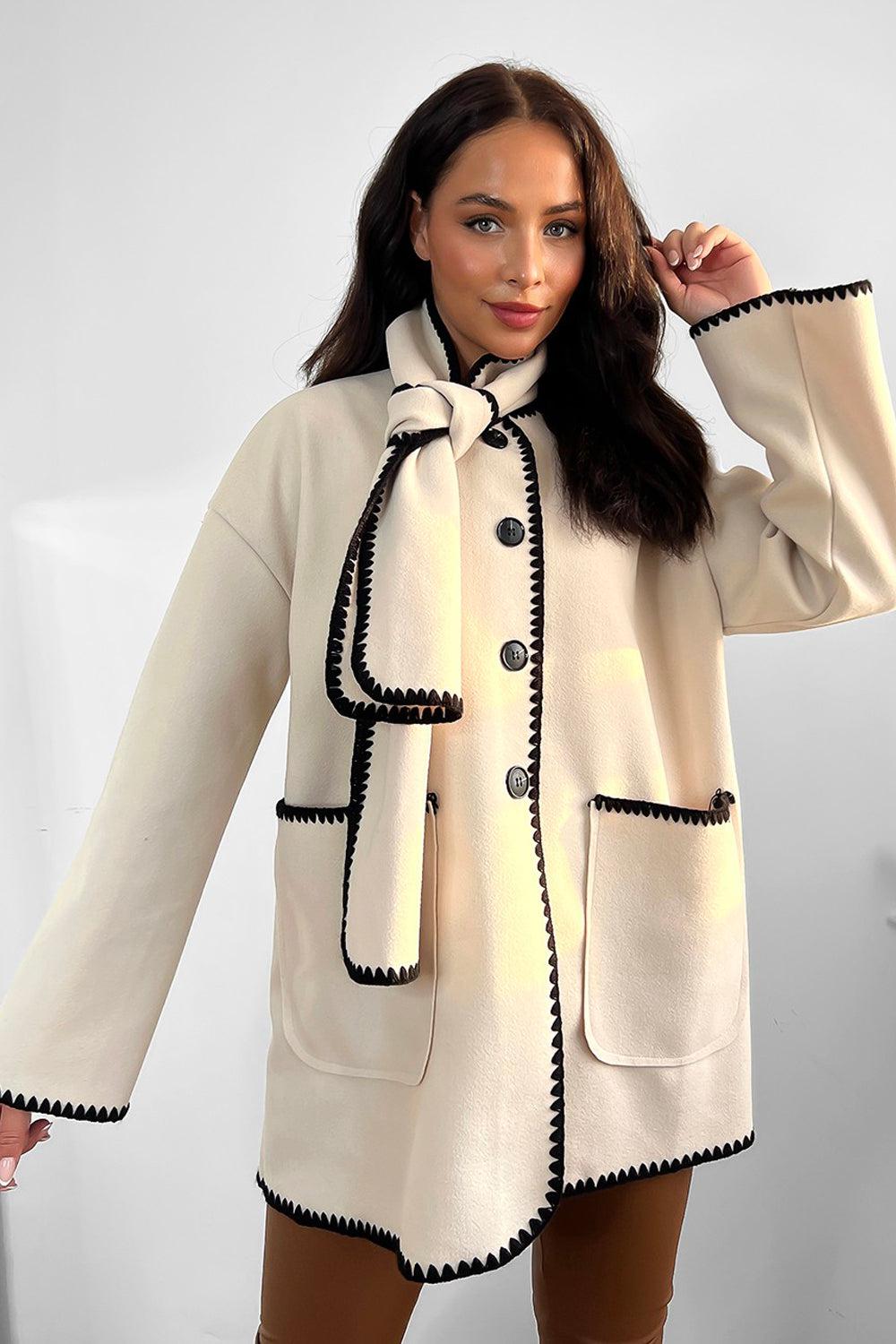 Contrast Stitch Felt Cardigan Coat With Scarf-SinglePrice