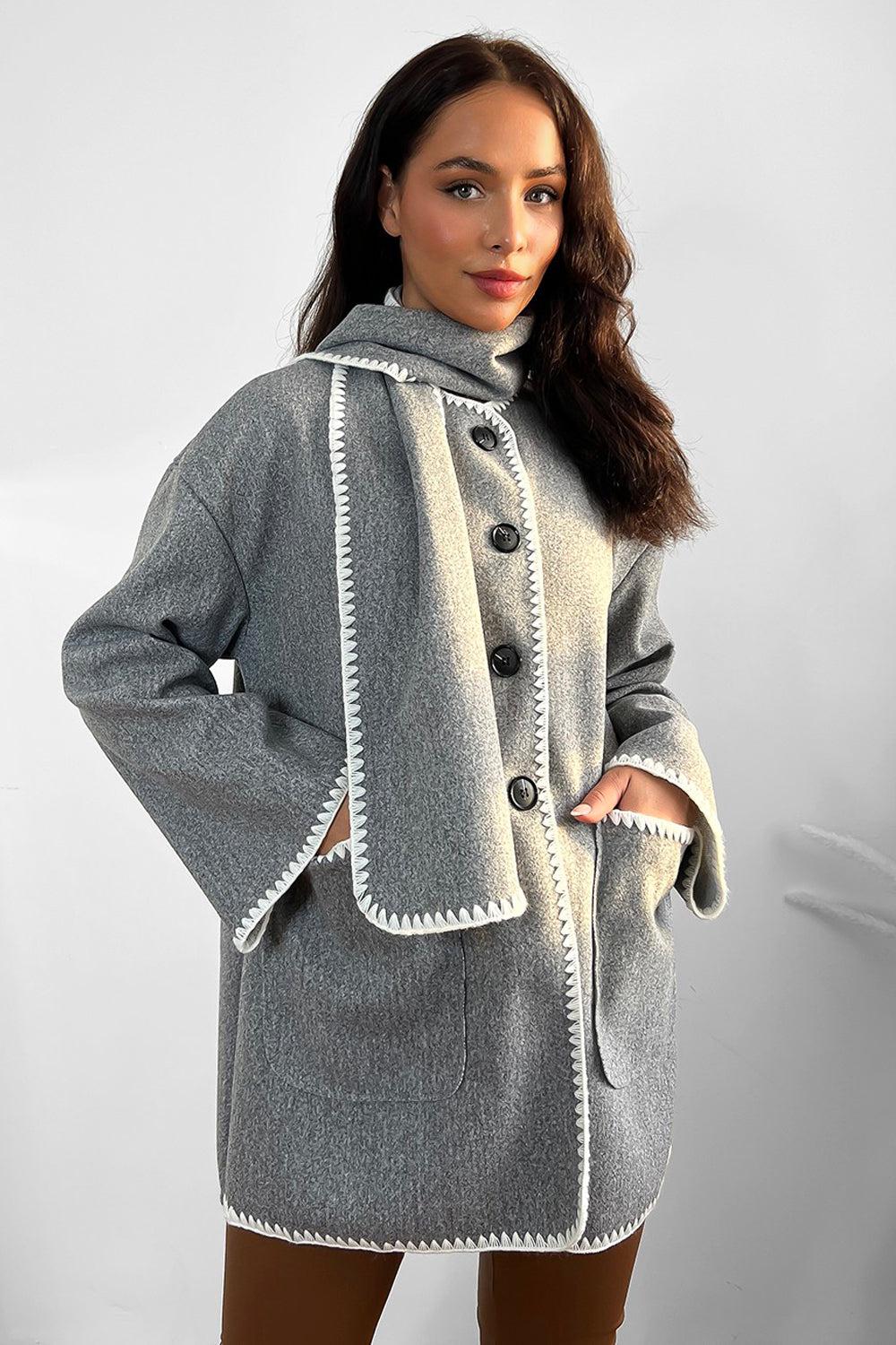 Contrast Stitch Felt Cardigan Coat With Scarf-SinglePrice