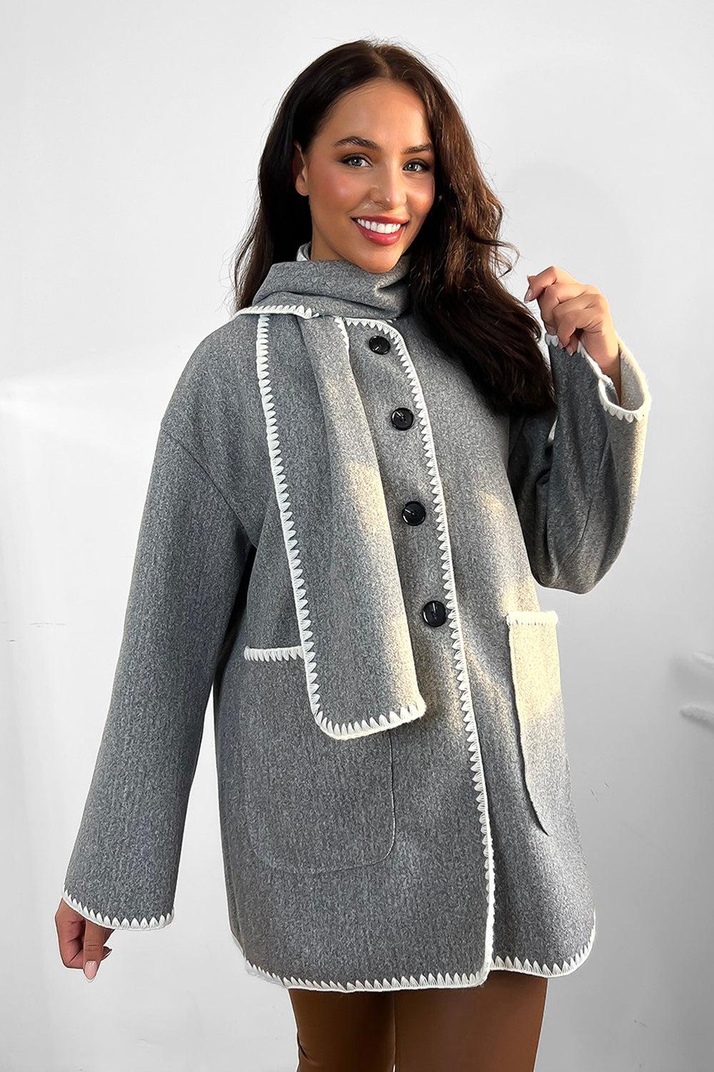 Contrast Stitch Felt Cardigan Coat With Scarf-SinglePrice