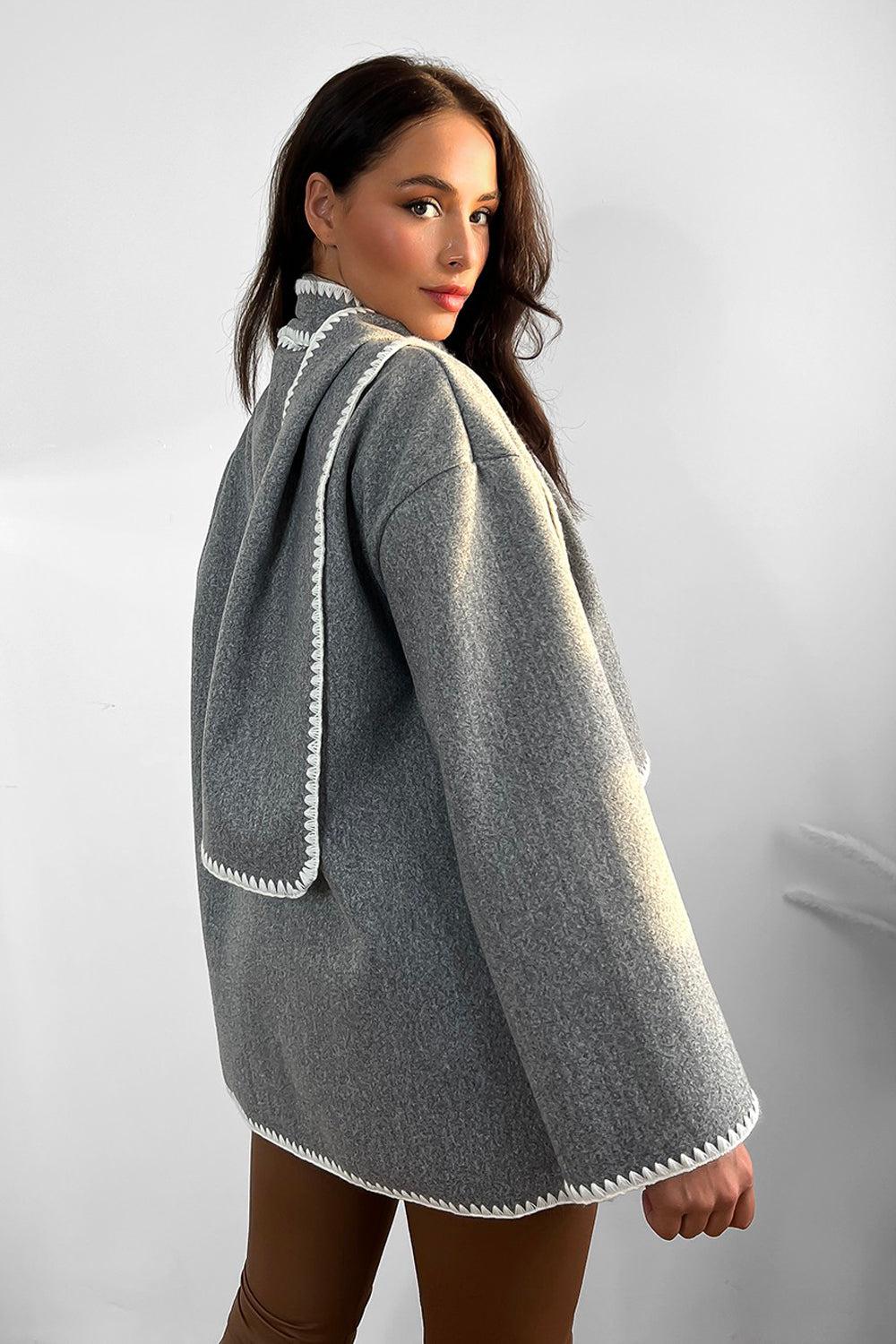 Contrast Stitch Felt Cardigan Coat With Scarf-SinglePrice