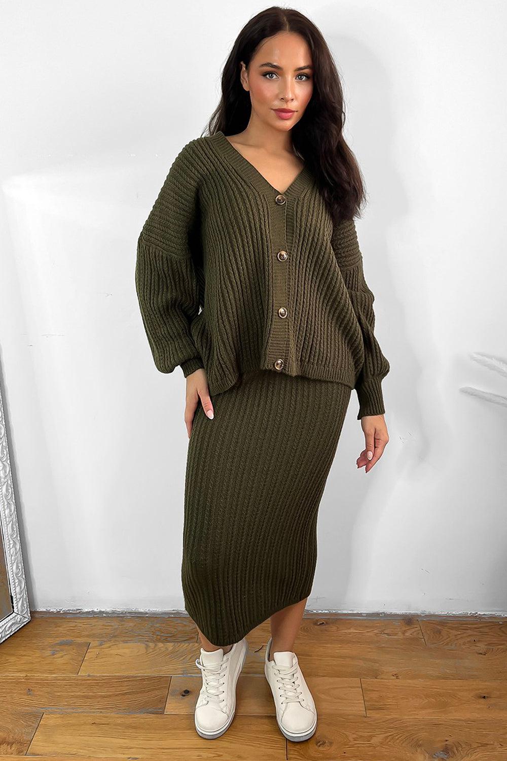 Knitted Midi Skirt And Slouch Cardigan Set-SinglePrice