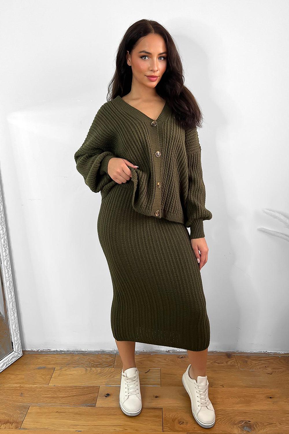 Knitted Midi Skirt And Slouch Cardigan Set-SinglePrice