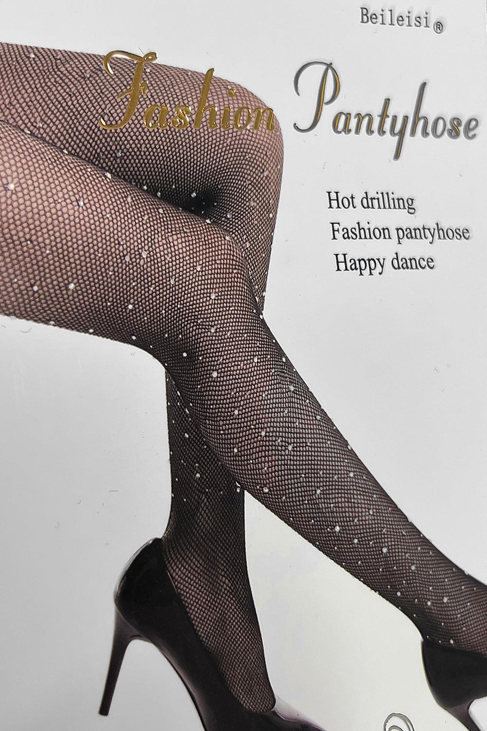 Black Rhinestones Embellished Small Fishnet Tights-SinglePrice