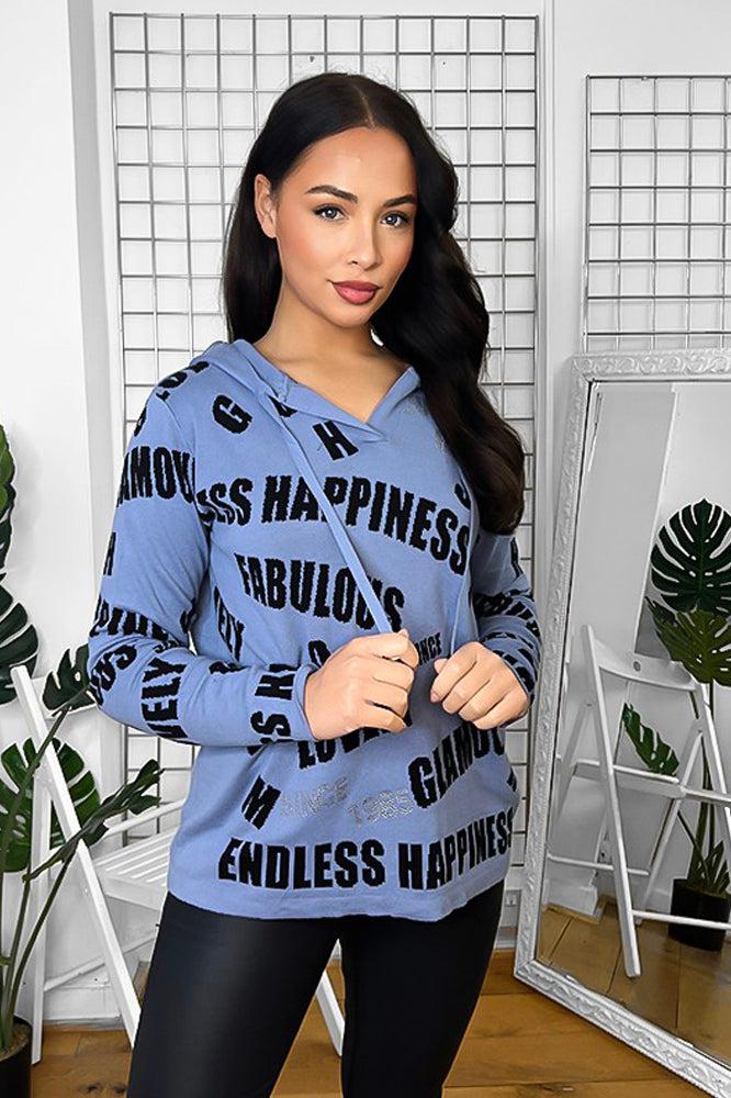 Blue Black Crystal Embellished Slogan Print Hoodie-SinglePrice