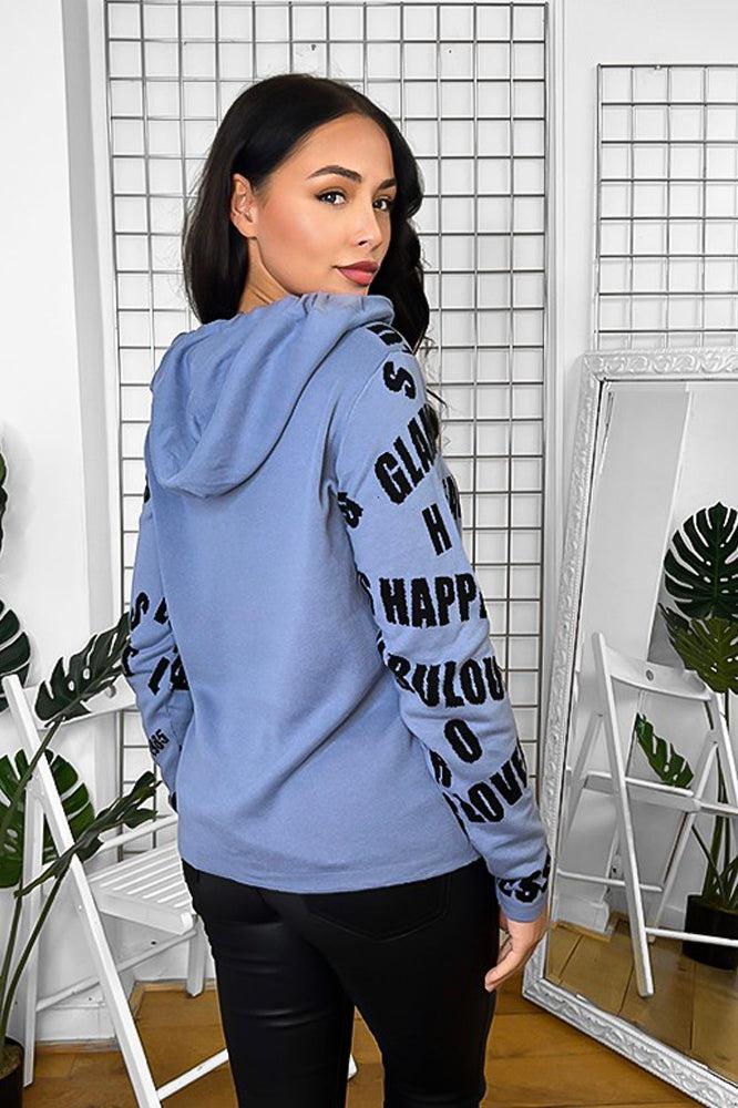 Blue Black Crystal Embellished Slogan Print Hoodie-SinglePrice