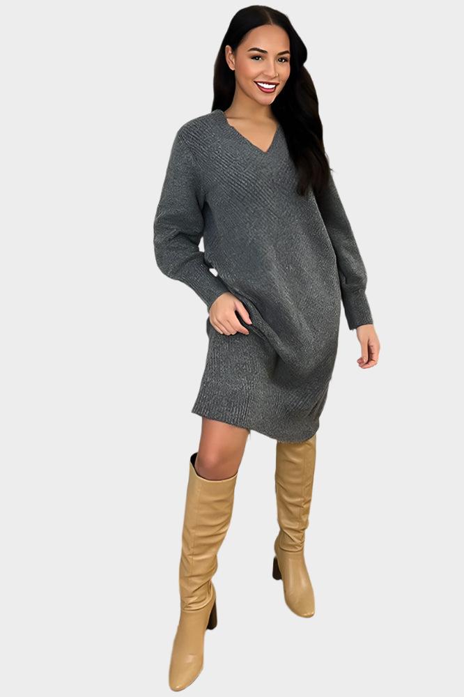 Deep V-Neck Knitted Jumper Dress-SinglePrice