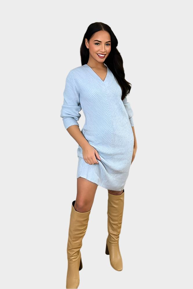 Deep V-Neck Knitted Jumper Dress-SinglePrice