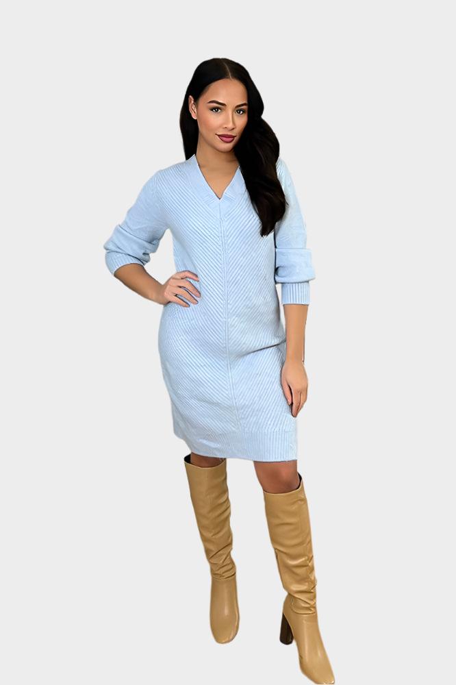 Deep V-Neck Knitted Jumper Dress-SinglePrice