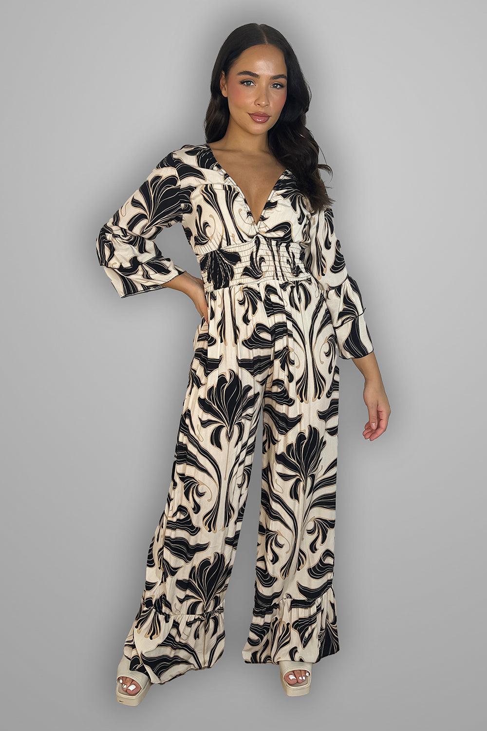 Shirred Waist Floral Print Slinky Jumpsuit-SinglePrice