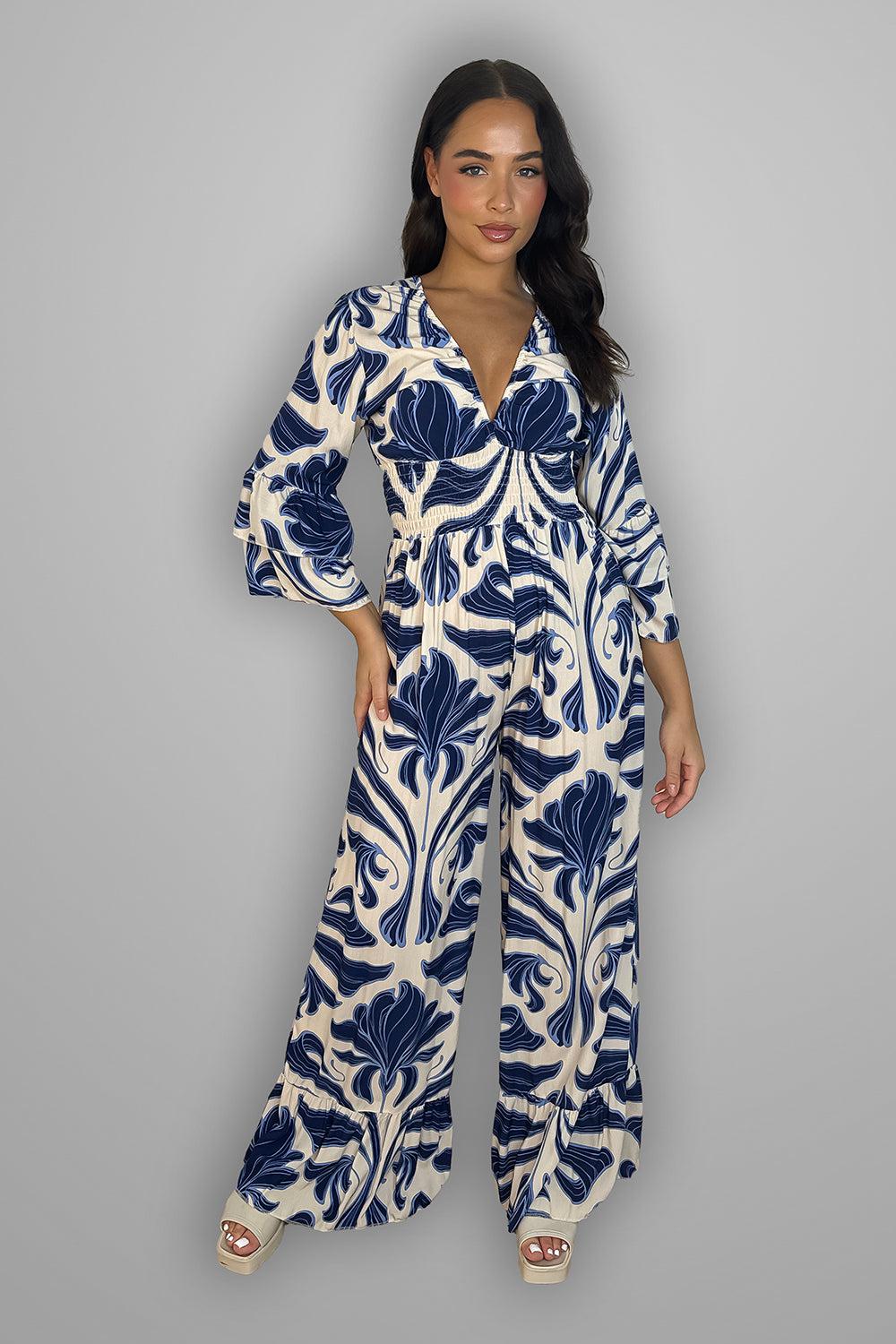 Shirred Waist Floral Print Slinky Jumpsuit-SinglePrice