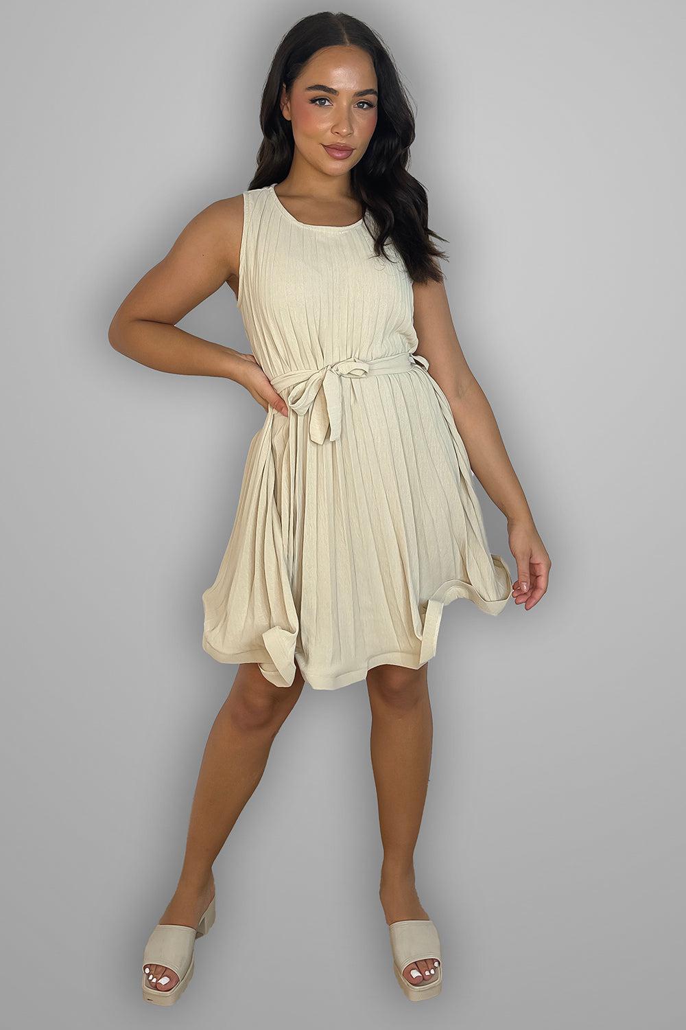 Pleated Chiffon Belted Sleeveless Dress-SinglePrice