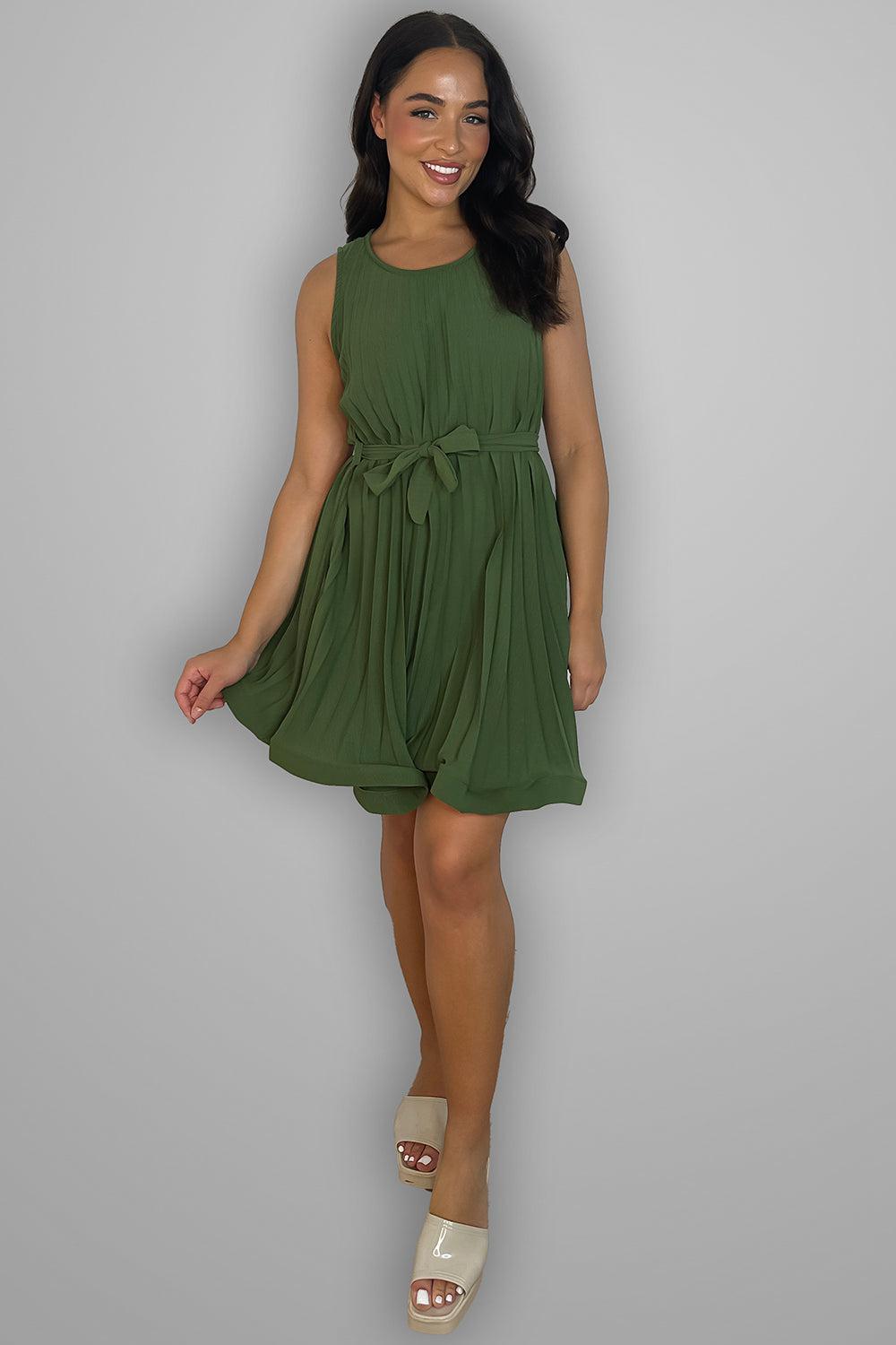 Pleated Chiffon Belted Sleeveless Dress-SinglePrice