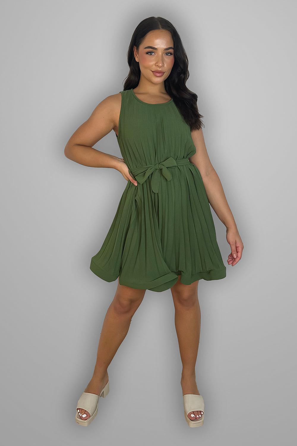 Pleated Chiffon Belted Sleeveless Dress-SinglePrice
