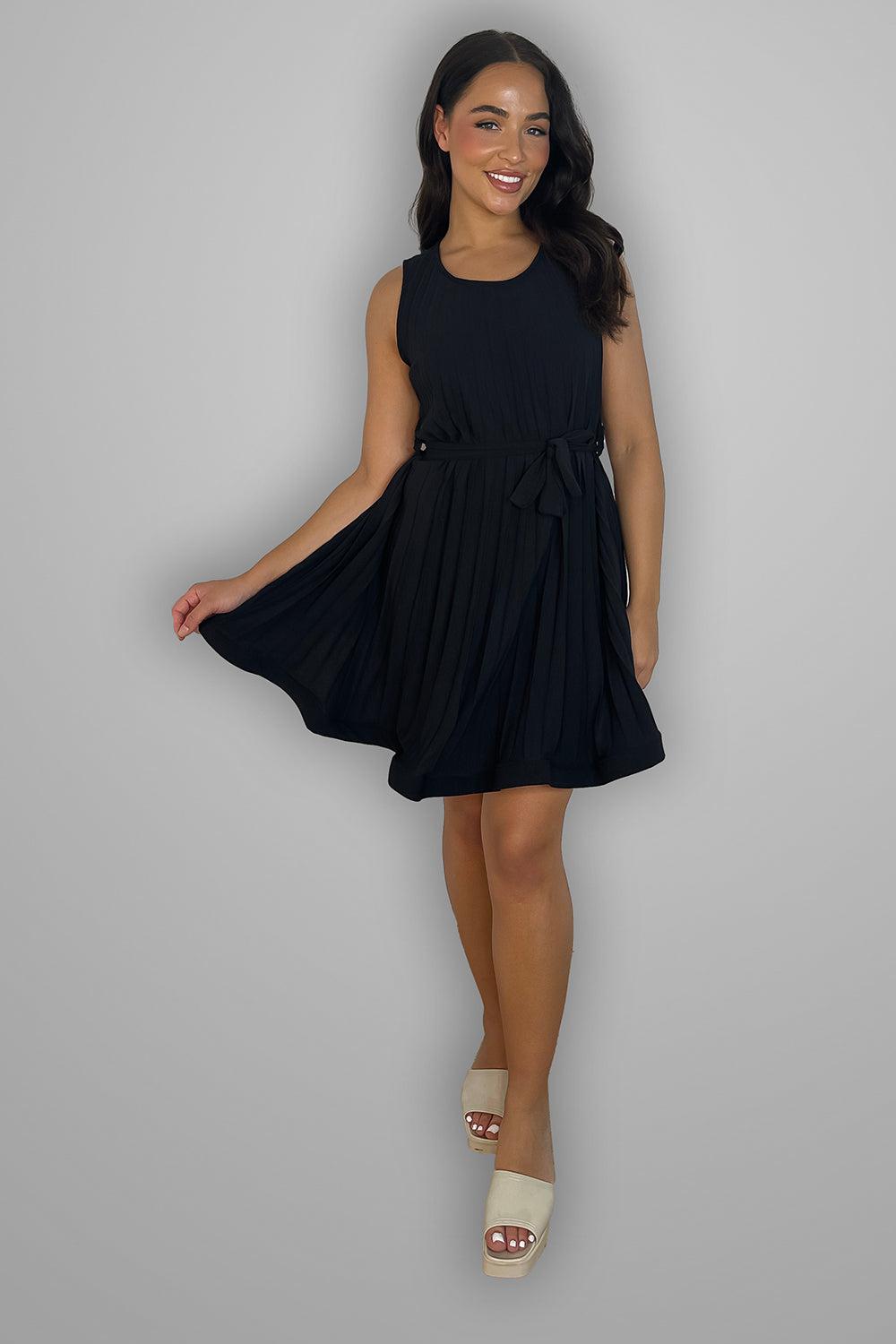 Pleated Chiffon Belted Sleeveless Dress-SinglePrice